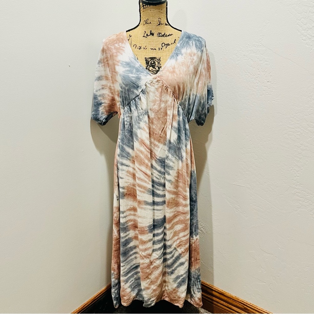 Women Knox Rose Blue Pink Tie Dye Short Sleeve Midi Kimono Dress Size S